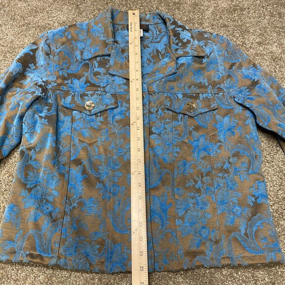 KINDRED SPIRIT Floral Brocade Jacket Large Turquoise Waist Length Tooled Design - Picture 9 of 16